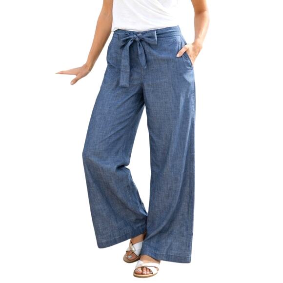 Tommy Bahama Denim - Tommy Bahama Chambray Tie Waist Wide Leg Pants Blue Lyocell Women's Size 4